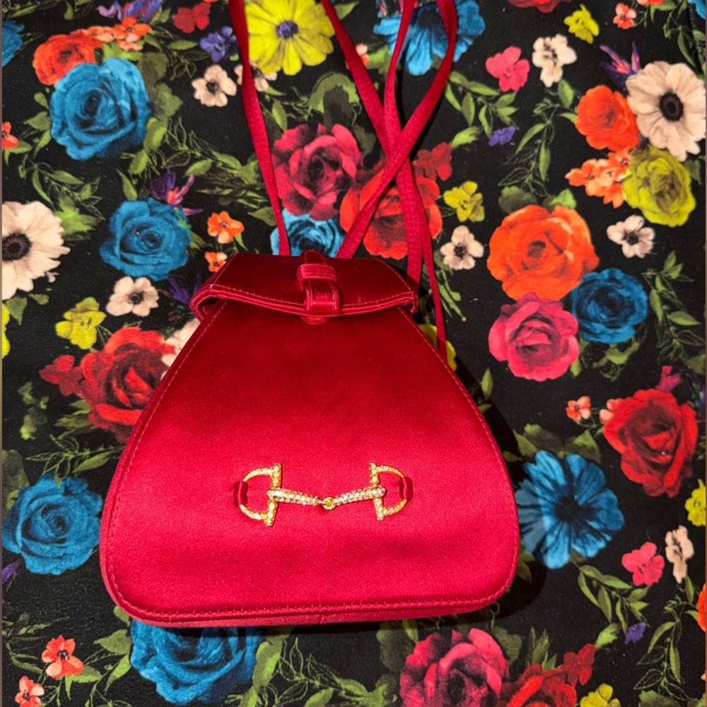 Gucci Vintage Red Satin Rhinestone Horsebit Mini Backpack